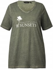 Ulla Popken Sunset Lettering Short Sleeve Graphic Tee Olive