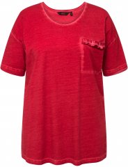 Ulla Popken Cold Dye Ruffle Edge Pocket Tee Salsa