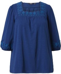 Ulla Popken Embroidered Detail 3/4 Sleeve Tee Dark Blue