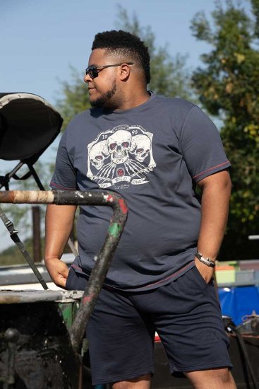 D555 COOK Trio Of Skulls Printed Crew Neck T-Shirt Slate Blue - Herren-T-Shirts - Herren-T-Shirts in großen Größen