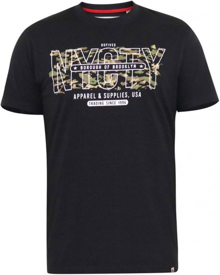 D555 EDWALTON NYCTY Camo Printed Crew Neck T-Shirt Washed Black - Herren-T-Shirts - Herren-T-Shirts in großen Größen