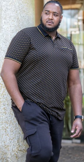 D555 RAUL AOP Jersey Polo With Jacquard Collar, Ribs And Chest Pocket Black - Polo-shirts für herren - Polo-Shirts für Herren in großen Größen