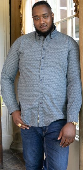 D555 MANGALA Geometric AOP Long Sleeve Shirt With Concealed Button Down Collar Navy - Herrenhemden - Herrenhemden in großen Größen