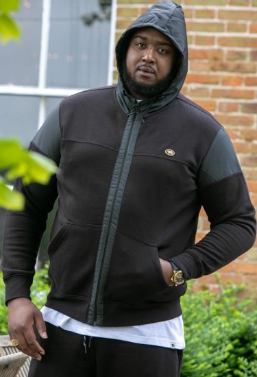 D555 DEAN Couture Zip Through Hoody With Woven Contrast Fabric Trim Black - Herren-sweater und -hoodies - Herren-Sweater und -Hoodies in großen Größen