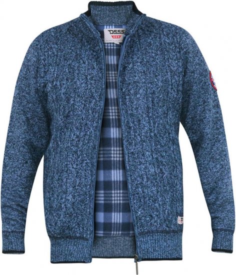D555 ECCLES Cable Knitted Zip Through Sweater With Bonded Check Lining Denim Marl - Herren-sweater und -hoodies - Herren-Sweater und -Hoodies in großen Größen