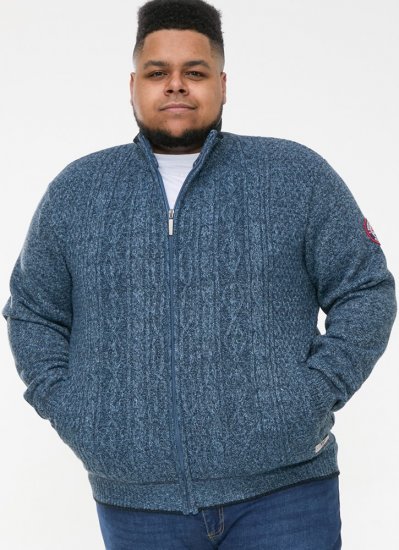 D555 ECCLES Cable Knitted Zip Through Sweater With Bonded Check Lining Denim Marl - Herren-sweater und -hoodies - Herren-Sweater und -Hoodies in großen Größen