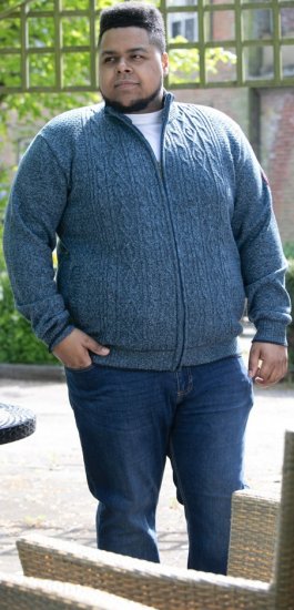 D555 ECCLES Cable Knitted Zip Through Sweater With Bonded Check Lining Denim Marl - Herren-sweater und -hoodies - Herren-Sweater und -Hoodies in großen Größen