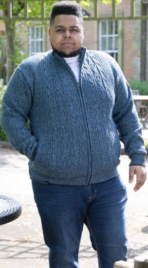 D555 ECCLES Cable Knitted Zip Through Sweater With Bonded Check Lining Denim Marl - Herren-sweater und -hoodies - Herren-Sweater und -Hoodies in großen Größen