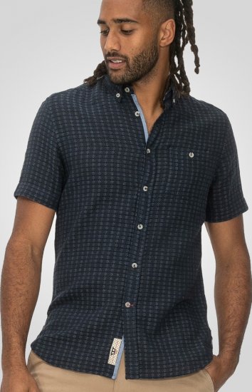 D555 Pontefract Jacquard Linen Mix Short Sleeve Shirt With Button Down Navy - Herrenhemden - Herrenhemden in großen Größen