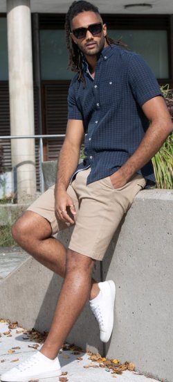 D555 Pontefract Jacquard Linen Mix Short Sleeve Shirt With Button Down Navy - Herrenhemden - Herrenhemden in großen Größen