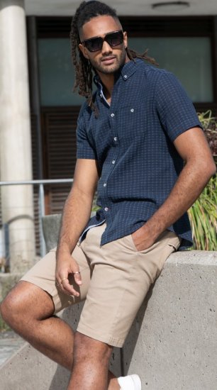 D555 Pontefract Jacquard Linen Mix Short Sleeve Shirt With Button Down Navy - Herrenhemden - Herrenhemden in großen Größen