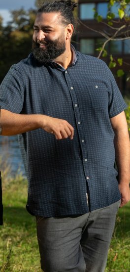 D555 Pontefract Jacquard Linen Mix Short Sleeve Shirt With Button Down Navy - Herrenhemden - Herrenhemden in großen Größen