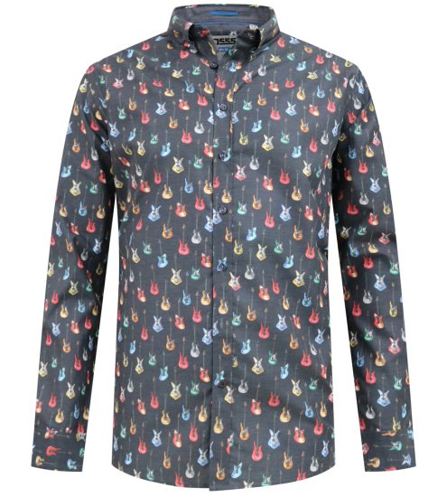 D555 Wakefield Long Sleeve AOP Guitar Printed Shirt Grey - Herrenhemden - Herrenhemden in großen Größen
