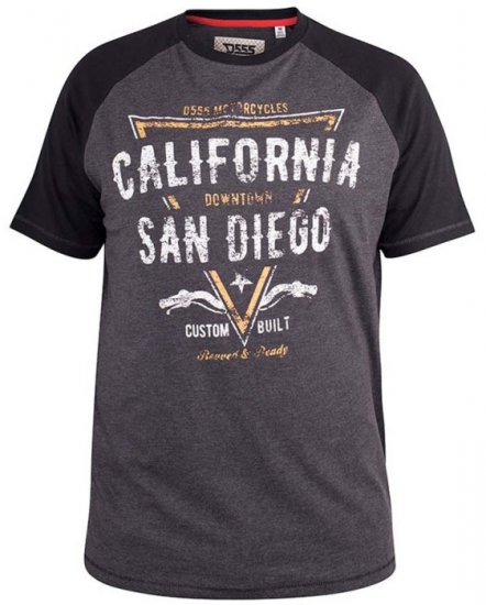 D555 Lismore Raglan Sleeve San Diego Printed T-Shirt Charcoal - Herren-T-Shirts in großen Größen - Herren-T-Shirts in großen Größen