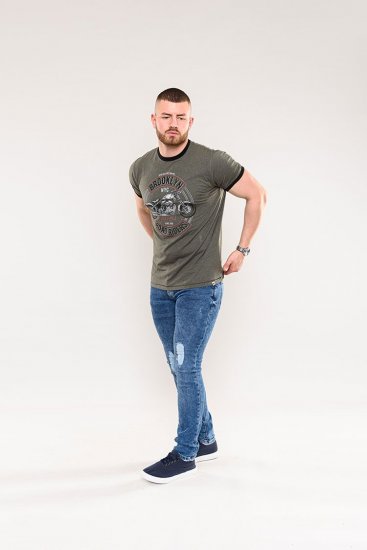 D555 Hereford Brooklyn Motorbike Printed Ringer T-Shirt Khaki - Herren-T-Shirts - Herren-T-Shirts in großen Größen