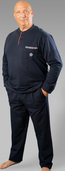 20 Nodi Long Pajamas in Stretch Fleece Cotton with Serafino Collar and Jacket with Pocket and Side Slits Navy - Pyjama/Loungewear - Schlafanzüge/Pyjama für Herren in Übergröße