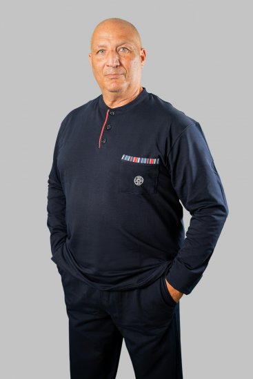 20 Nodi Long Pajamas in Stretch Fleece Cotton with Serafino Collar and Jacket with Pocket and Side Slits Navy - Pyjama/Loungewear - Schlafanzüge/Pyjama für Herren in Übergröße