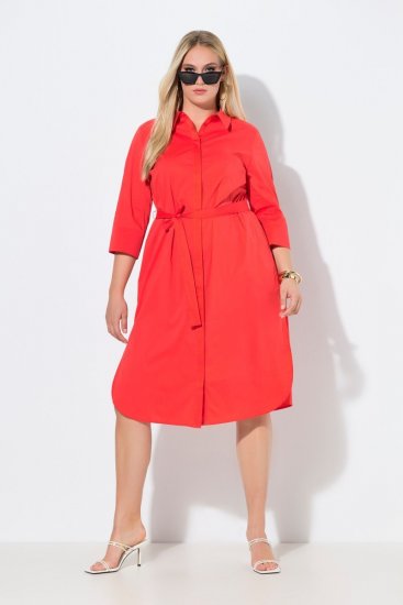Ulla Popken 815217 Hemdblusenkleid in A-Linie mit Bindegürtel Rosa - Midikleider - Midikleider in großen Größen