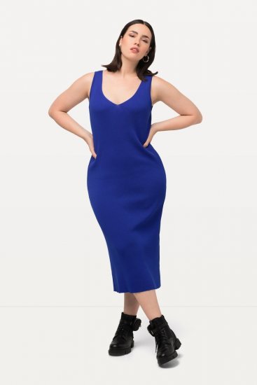 Ulla Popken 817591 Strickkleid mit V-Ausschnitt Blau - Strickkleider - 