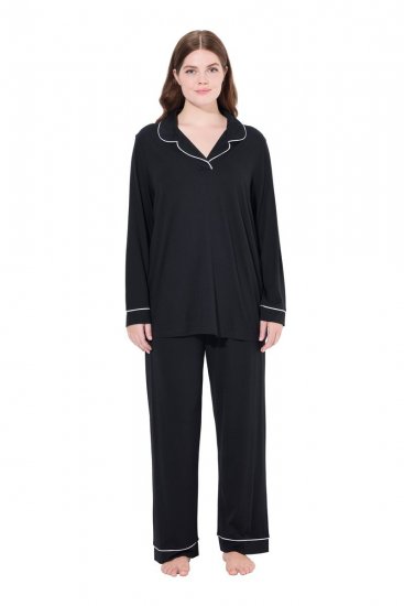 Ulla Popken 823030 Pyjama mit Hemdkragen Schwarz - Pyjama/Loungewear - 