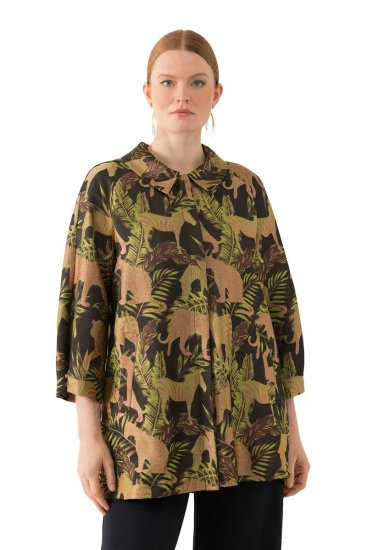 Ulla Popken 827217 Kurzarm-Hemdbluse mit Savannen-Print Schwarz - Hemdblusen - Hemdblusen in großen Größen