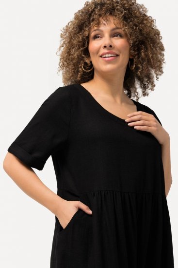 Ulla Popken 829837 Kurzärmliges Kleid aus Leinenmix Schwarz - Sommerkleider - Große Größen: Leichte Sommerkleider