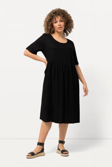 Ulla Popken 829837 Kurzärmliges Kleid aus Leinenmix Schwarz - Sommerkleider - Große Größen: Leichte Sommerkleider
