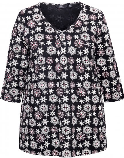 Ulla Popken Snowflake Print 3/4 Sleeve A-Line Tee Black - Bedruckte T-shirts für damen - 