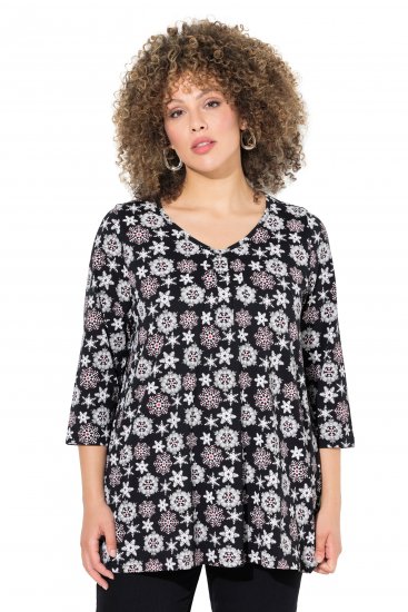 Ulla Popken Snowflake Print 3/4 Sleeve A-Line Tee Black - Bedruckte T-shirts für damen - 