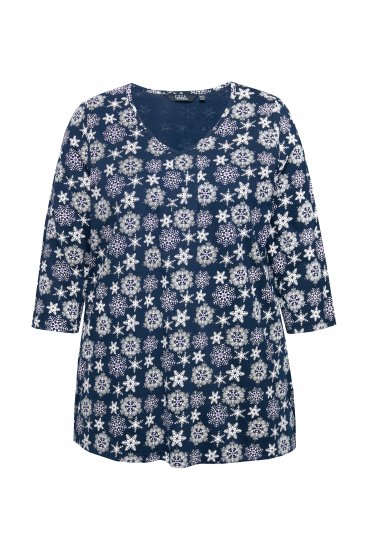 Ulla Popken Snowflake Print 3/4 Sleeve A-Line Tee Navy - Bedruckte T-shirts für damen - 