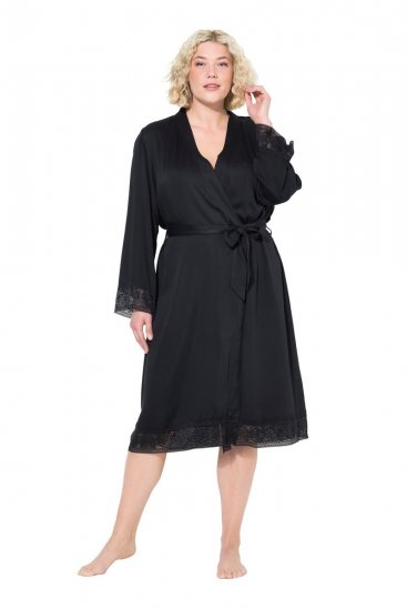 Ulla Popken 834837 Kimono-Bademantel mit Spitze Schwarz - Morgenmäntel & Bademäntel - 