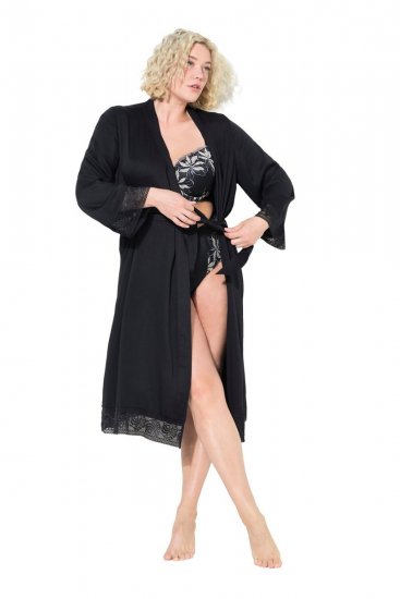 Ulla Popken 834837 Kimono-Bademantel mit Spitze Schwarz - Morgenmäntel & Bademäntel - 