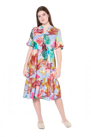 Ulla Popken 836746 Geblümtes Midikleid mit Volants Hellblau - Midikleider - Midikleider in großen Größen