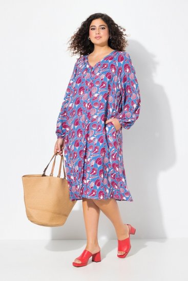 Ulla Popken 838839 Gemustertes Hemdblusenkleid Petrol - Midikleider - Midikleider in großen Größen