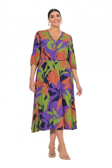Ulla Popken 841034 Gemustertes Kleid mit 3/4-Ärmeln Dunkelblau - Maxikleider - Große Größen: Lange Maxikleider