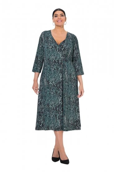 Ulla Popken 841839 Jerseykleid mit Animal-Print und 3/4-Ärmeln Dunkelgrün - Midikleider - Midikleider in großen Größen