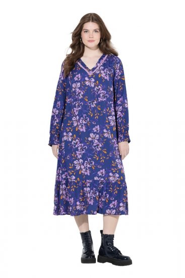 Ulla Popken 841873 Geblümtes Midikleid Dunkelblau - Midikleider - Midikleider in großen Größen