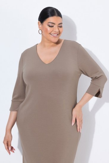 Ulla Popken 841952 Sweatkleid mit V-Ausschnitt Hellbraun - Kleider - Kleider für jede Größe