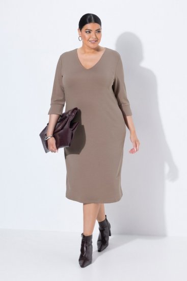 Ulla Popken 841952 Sweatkleid mit V-Ausschnitt Hellbraun - Kleider - Kleider für jede Größe