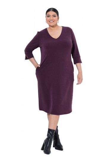 Ulla Popken 841952 Sweatkleid mit 3/4-Ärmeln Pflaume - Midikleider - Midikleider in großen Größen