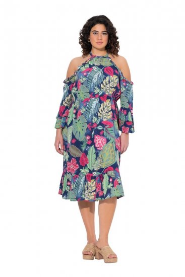 Ulla Popken 842471 Gemustertes Midikleid Dunkelblau - Midikleider - Midikleider in großen Größen