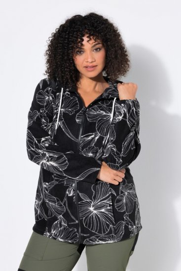 Ulla Popken 842758 Geblümte Fleecejacke mit Kapuze Schwarz - Fleecekleidung - 