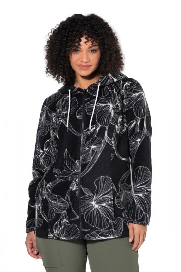 Ulla Popken 842758 Geblümte Fleecejacke mit Kapuze Schwarz - Fleecekleidung - 