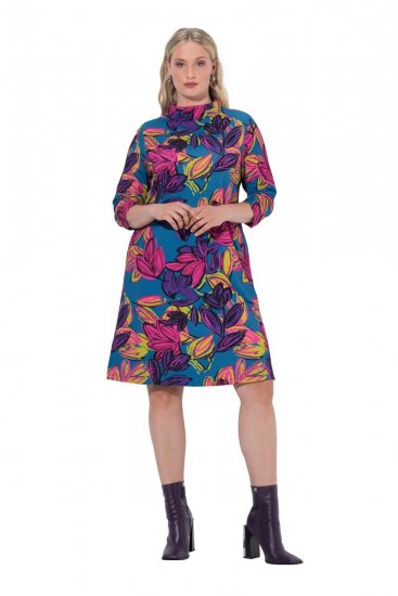 Ulla Popken 843180 Geblümtes Jerseykleid Petrol - Kleider - Kleider für jede Größe