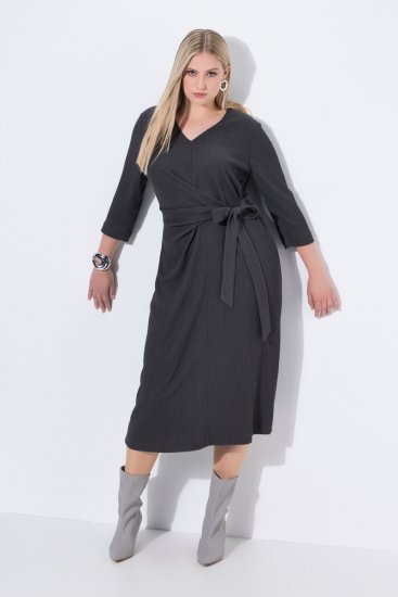 Ulla Popken 843595 Wickelkleid mit 3/4-Ärmeln Grau meliert - Midikleider - Midikleider in großen Größen