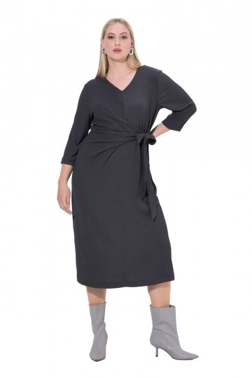 Ulla Popken 843595 Wickelkleid mit 3/4-Ärmeln Grau meliert - Midikleider - Midikleider in großen Größen