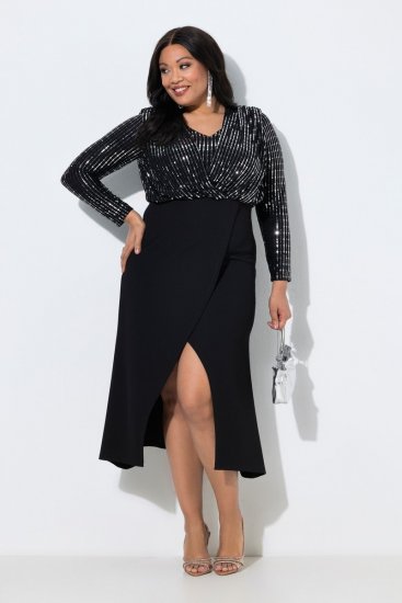 Ulla Popken 845151 Gestreiftes Kleid mit V-Ausschnitt Schwarz - Abendkleider - Abendkleider für Damen in großen Größen