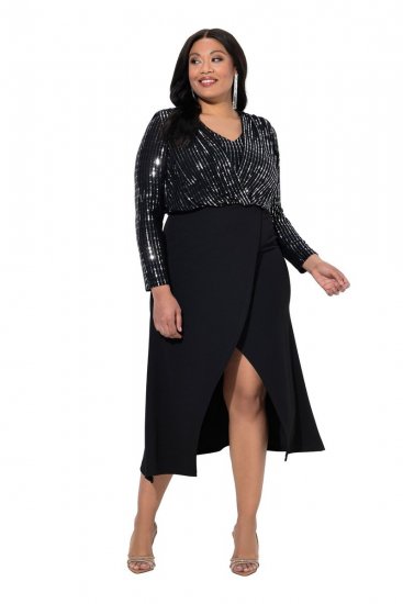 Ulla Popken 845151 Gestreiftes Kleid mit V-Ausschnitt Schwarz - Abendkleider - Abendkleider für Damen in großen Größen