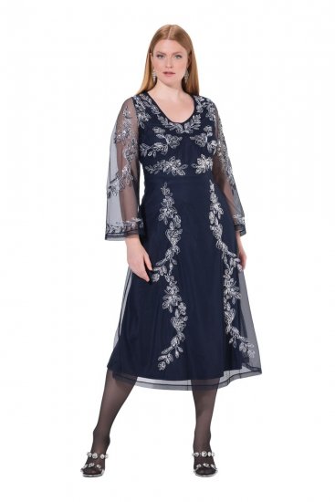 Ulla Popken 845366 Geblümtes Paillettenkleid Dunkelblau - Abendkleider - Abendkleider für Damen in großen Größen