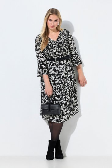 Ulla Popken 845825 Geblümtes Midikleid mit 3/4-Ärmeln Schwarz - Midikleider - Midikleider in großen Größen